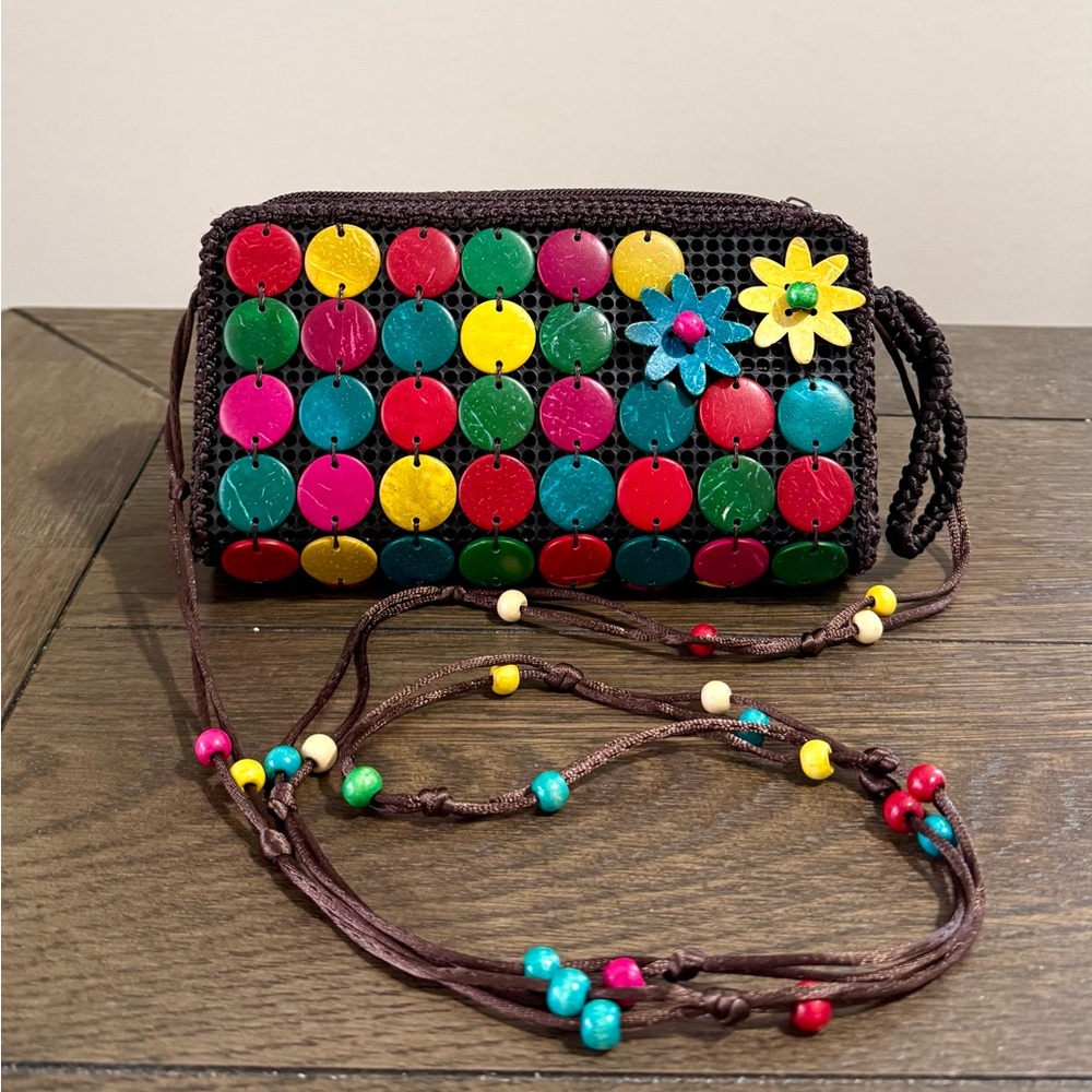 Authentic Multicolor Beaded Brown Crossbody Vacation Purse with Floral Accents